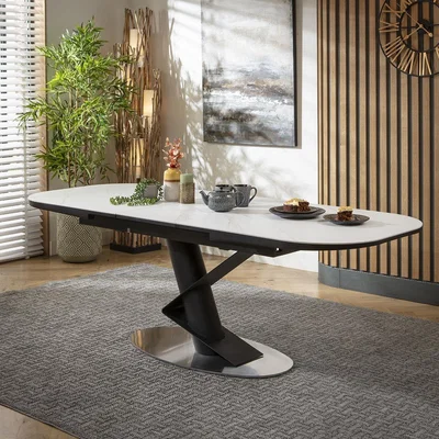 Quatropi Modern 8 Seat Ceramic Marble Extendable Dining Room Table White 180-220cm