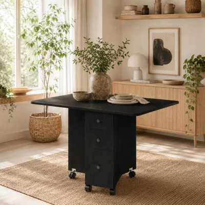 The Range Midile Wooden Distressed Black Drop Leaf Dining Table With Storage Seating 6