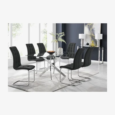 The Range Leonardo Glass And Chrome Metal Dining Table And 6 Murano Chairs - Black