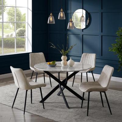 The Range Strasbourg Round Marble Effect Dining Table with Cream Velvet Chairs  - Marble Effect / 4