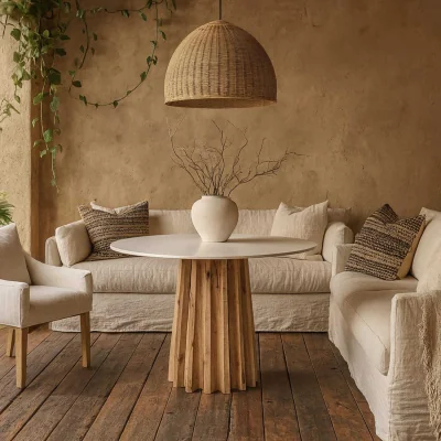 The Range Parnaiba Round Dining Table Top Natural Fluted Acacia Base - Neutral