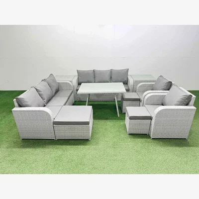 The Range Fimous Rattan High-Back Lounge Set ¿ 3-Seater, 2 Recliners, Dining Table, Light Grey. - Light grey rattan + dark grey fabric