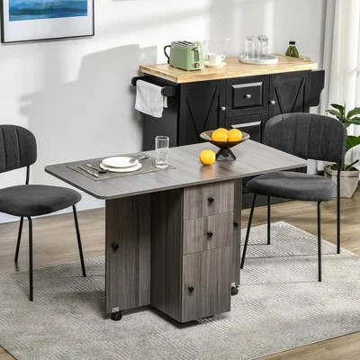 The Range Folding Dining Table, Drop Leaf Table with Drawers Cabinet Open Shelf - Grey