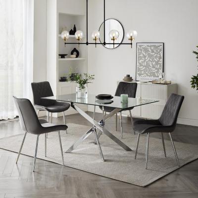 The Range Toulouse Rectangular Glass Dining Table With Grey Velvet Chairs  - Clear Glass / 120cm