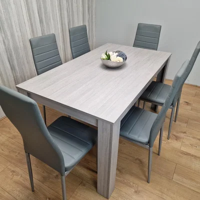 The Range Grey Dining Table With 6 Grey Leather Stitched Chairs - 6 Person Dining Set - Grey