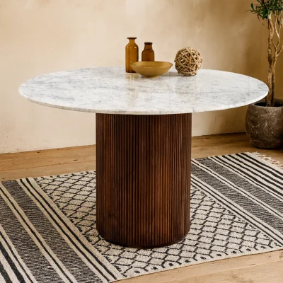 The Range Alabama Ribbed Mango Wood Round Dining Table with Marble Top - Brown