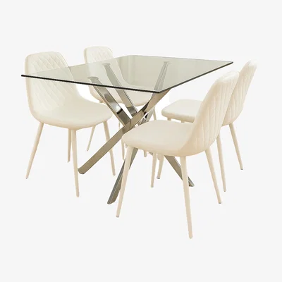 The Range Glass Dining Table with 4 black  Leather Chairs Dining Room Furniture - leather