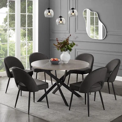 The Range Dijon Round Concrete Effect Dining Table With Grey Velvet Chairs  - Concrete Effect / 120cm