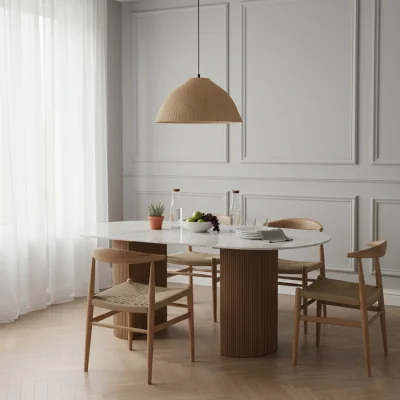 The Range Luxor Oval Natural White Marble Top Dining table with Wooden Legs 6 to 8 Seater - Tan