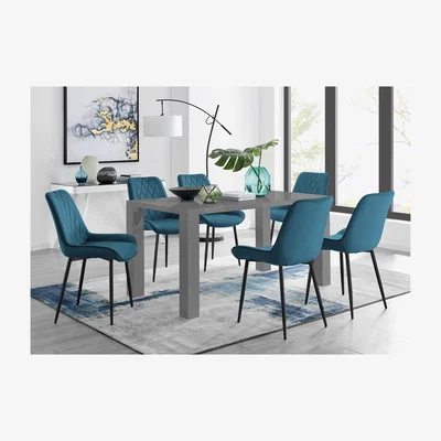 The Range Pivero 6 Grey Dining Table and 6 Pesaro Black Leg Chairs - Blue