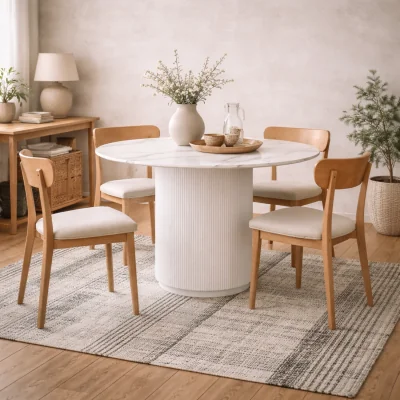 The Range Mullingar White Stone Round Dining Table with Etched Base - White