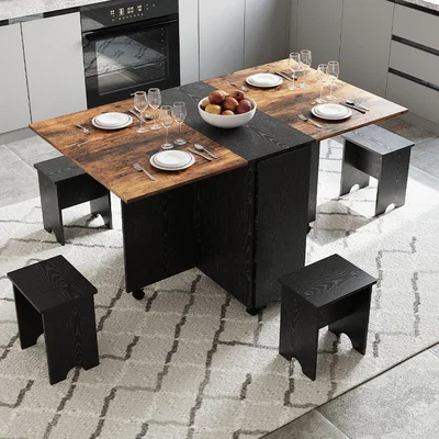 The Range Foldable Wood-Effect Dining Table and 4 Stool Set - Black+ Natural Wood