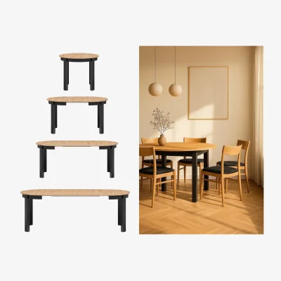 The Range Round-to-oval extendable dining table Artisan Oak effect top and black matt legs 105 - 240cm wide - Artisan Oak Effect / Black Matt