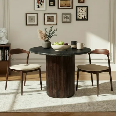 The Range Luxor Round Black Marble Top Pedestal Dining Table 100cm 4 seater - Tan