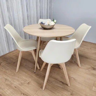 The Range Round Oak Effect Kitchen Dining Table With 4 Cream Tulip Chairs Table Set - Oak Cream