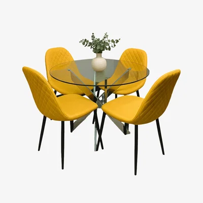 The Range Round Glass Dining Table with 4 Mustard Leather Chairs Chrome Base Modern Look - Musturd