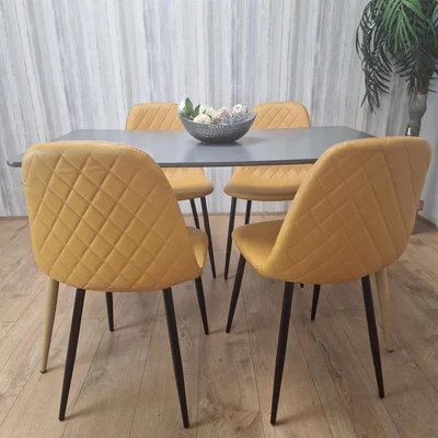 The Range Wooden Grey Dining Table with Gem Patterned Chairs with 4 Chairs - Mustard Chairs