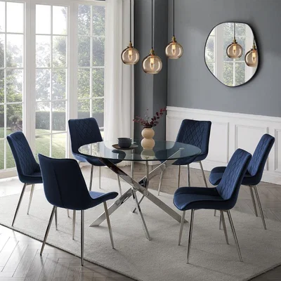The Range Paris Round Glass Dining Table with Blue Velvet Chairs Silver Legs - Clear Glass / 6