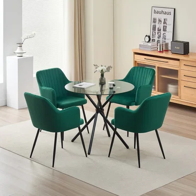 The Range New York Dining Table with 4 Charlotte Velvet Chairs - Green