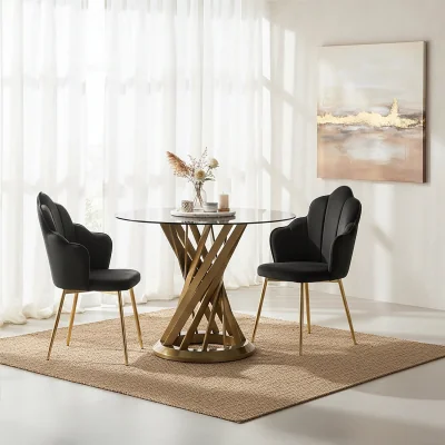 The Range Anzio Black Glass And Gold Hourglass Base Dining Table - Gold