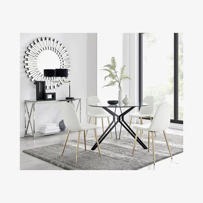 The Range Cascina Glass  Chrome Leg Dining Table  4 Corona Gold Leg Chairs - White