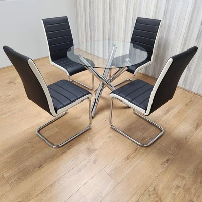 The Range Round Clear Glass Dining Table and 4 Stylish Black White Faux Leather Dining Set - Clear