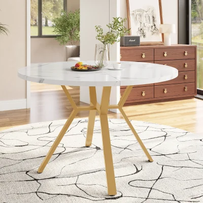 The Range Modern and Sleek Round Marble Dining Table with Gold Legs - White