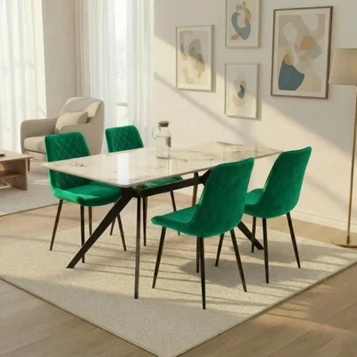 The Range San Diego Marble Top Dining Table with Amelia Velvet Chairs - Green
