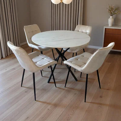 The Range Seattle Dining Table with 4 Erica Velvet Chairs - Cream