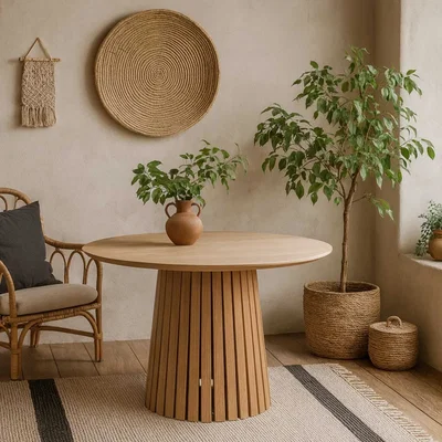 The Range Twillbury Round Dining Table Matt Look Top Slatted Conic Base - Neutral