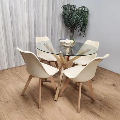 The Range Round Clear Glass Dining Table With 4 Cream Padded Chairs Set - Clear/Cream