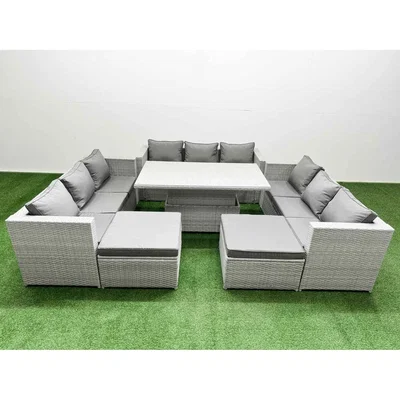 The Range Fimous 6pc Rising Dining Table Rattan Furniture Set with 3-Seater Sofa and 2 Footstools, Light Grey. - Light grey mixed rattan with dark grey fabric