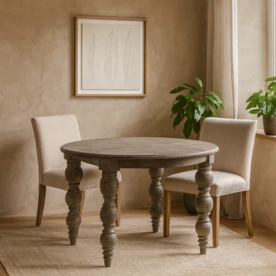 The Range Montaine Round Farmhouse Dining Table Soft Matt Turned Rubberwood Legs - Brown