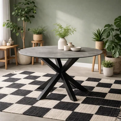 The Range Perth 119cm Round Grey Ceramic Dining Table with Black Metal Base - Grey