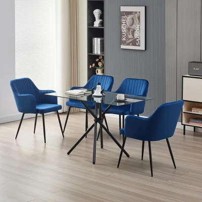 The Range Miami Dining Table with 4 Charlotte Velvet Chairs - Blue
