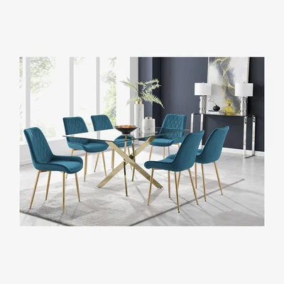 The Range Leonardo 6 Gold Dining Table and 6 Pesaro Gold Leg Chairs - Blue