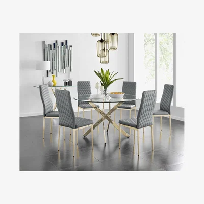 The Range Novara 120cm Gold Round Dining Table and 6 Gold Leg Milan Chairs - Grey