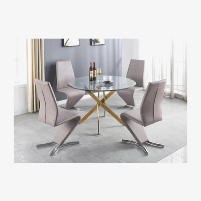 The Range Novara Gold Metal Large Round Dining Table 6 Willow Chairs Set - Yellow