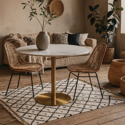The Range Meadowbloom Round Marble Dining Table with Brushed Brass Base - White