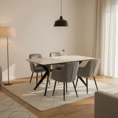 The Range San Diego Marble Top Dining Table with Charlotte Velvet Chairs - Grey
