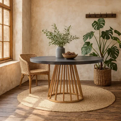 The Range Lucca Round Dining Table - Grey Faux Dark Concrete Top with Brushed Gold Base - Grey