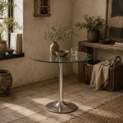 The Range Diliha Round Tempered Glass Dining Table, Polished Silver Base