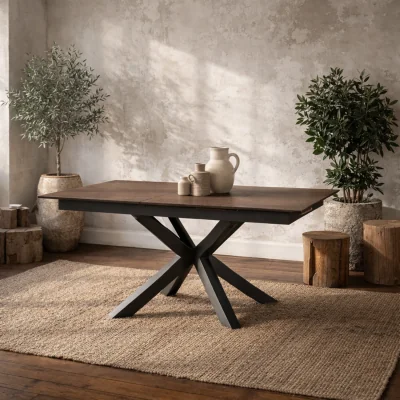The Range Perth Extendable Dining Table 168cm Rusty Ceramic Top Metal Cross Base - Brown