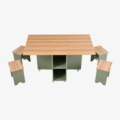 The Range Space Saving Drop Leaf Dining Table with Four Stools - Natural Wood & Green