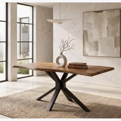 The Range Rustic Brown Wood-Effect Wavy Dining Table with X-Shaped Metal Legs, 117x77x75cm - Brown