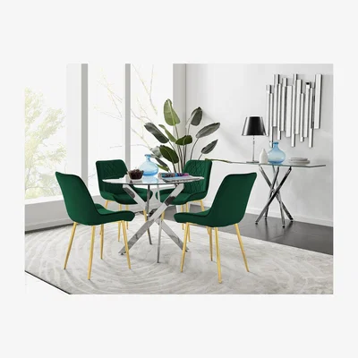 The Range Novara 100cm Round Dining Table and 4 Pesaro Gold Leg Chairs - Green