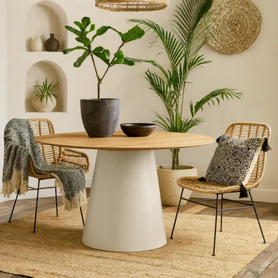 The Range Hamburg Round Veneer Dining Table with Steel Pillar Base - Natural
