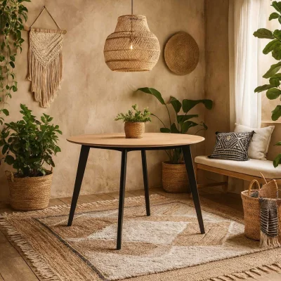 The Range Saffron Round Dining Table Veneer Top with Matt Hairpin Base - Neutral