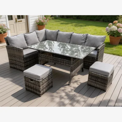 The Range High Back Rattan Corner Sofa Set Rectangular Dining Table 8 Seater - Dark Grey Mixed