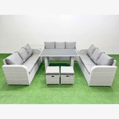 The Range Fimous Light Grey PE Rattan Patio Set with Black Tempered Glass Dining Table - Light grey rattan + dark grey fabric